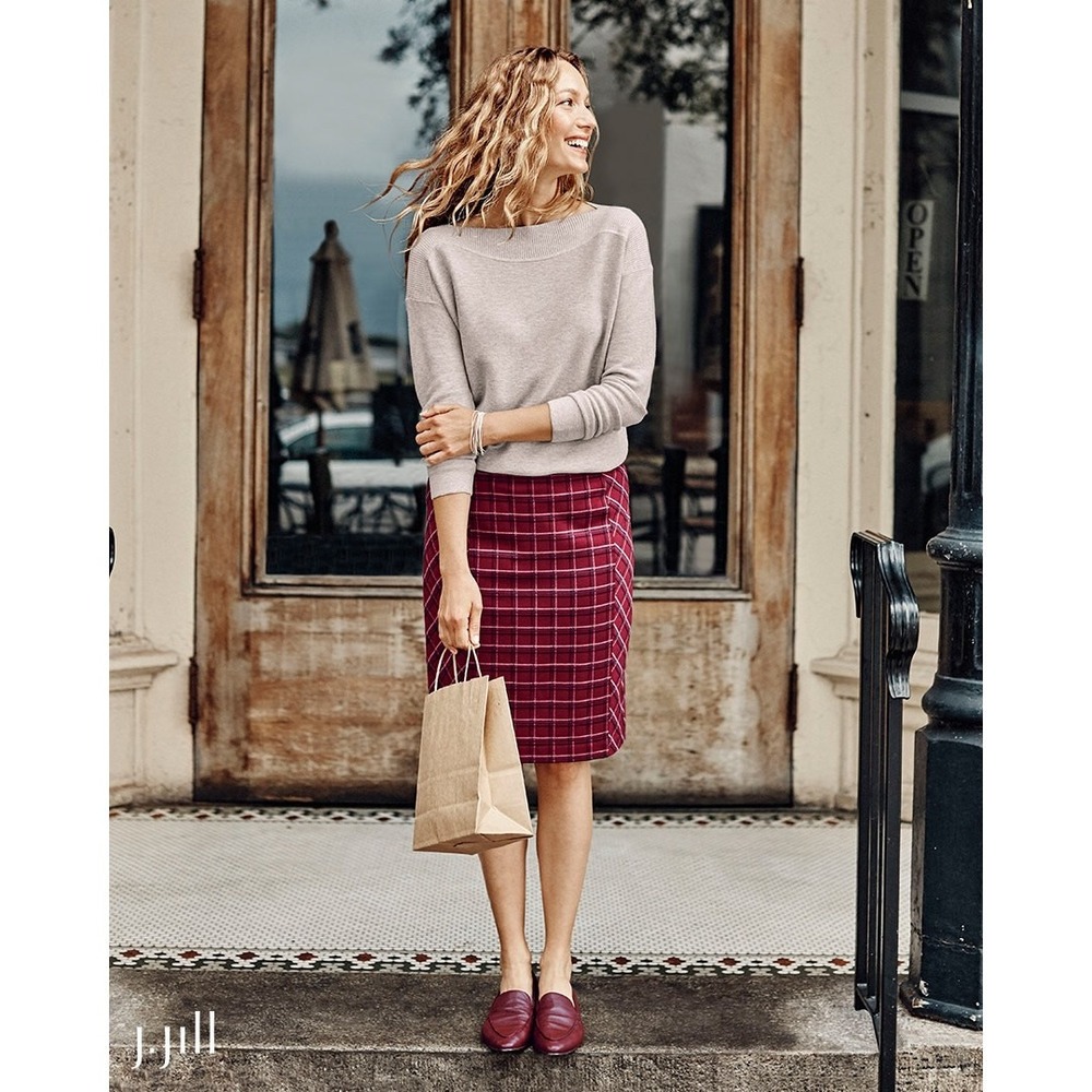 NWT J.Jill Deirdre Ponte Knit Pencil Skirt Cherry Red Plaid Size 2X Preppy